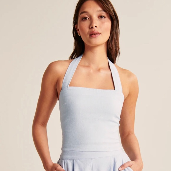 Abercrombie Linen-Blend Pull-On Wide Leg Pants and Halter Top SET, Light Blue S - Picture 5 of 7